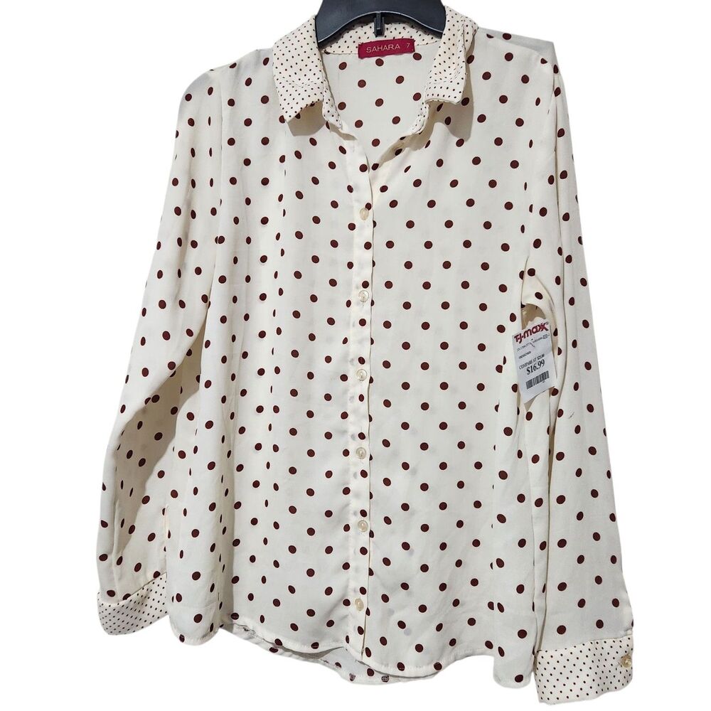 Sahara Top Size 7 Sheer Lightweight Longsleeve Ivory Color Red Polka Dots Print - Picture 2 of 12